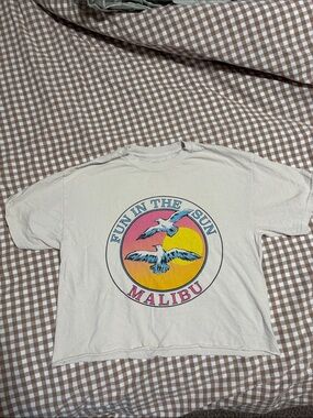 Malibu 'Fun in the Sun' White womens Graphic crop Tee